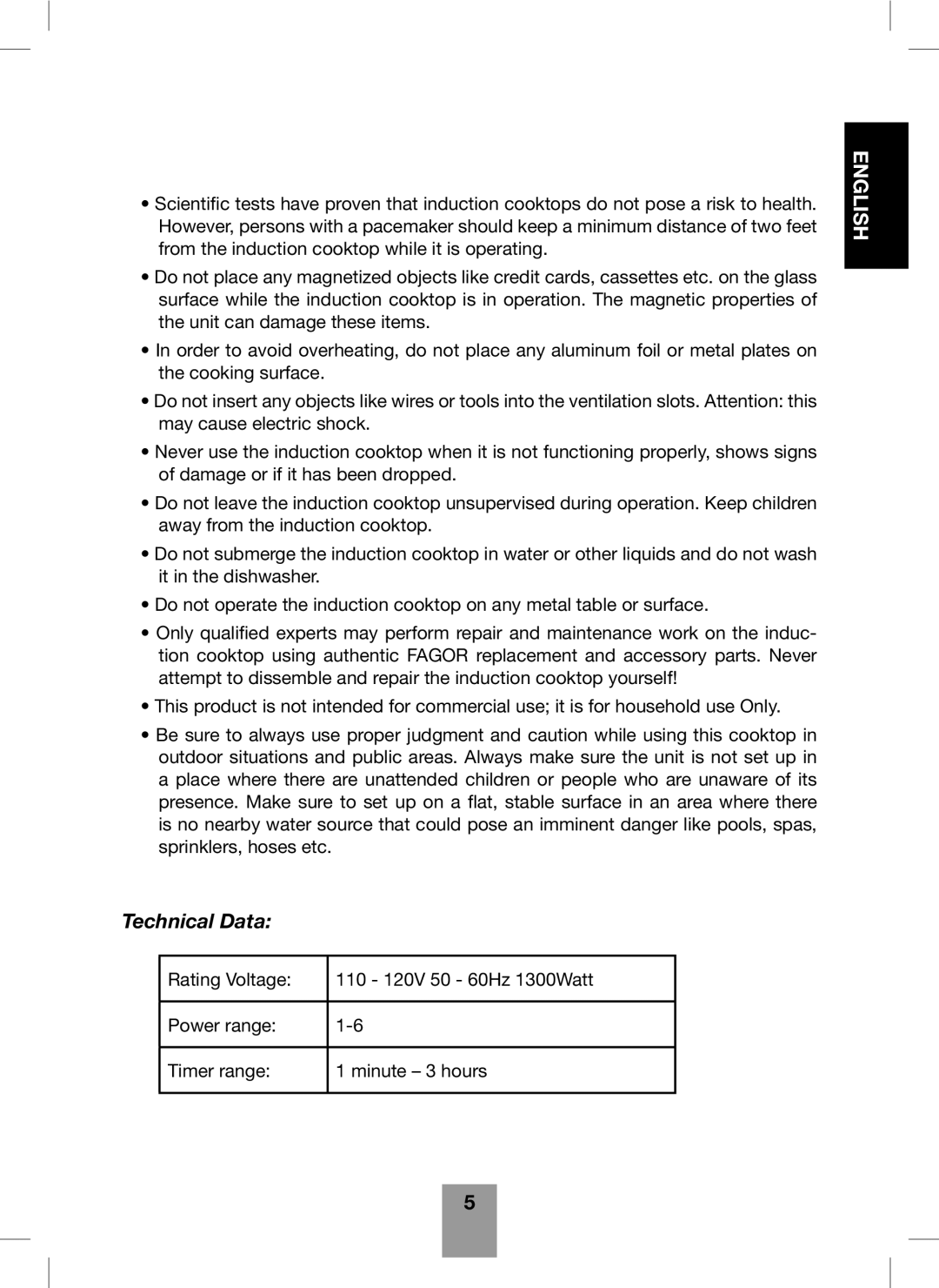 Fagor America Portable Induction Cooktop user manual Technical Data 