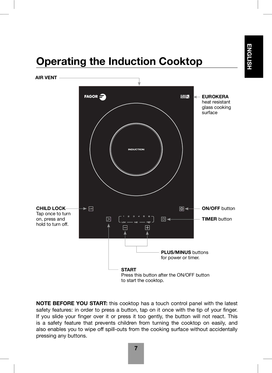 Fagor America Portable Induction Cooktop user manual Operating the Induction Cooktop, Child Lock 