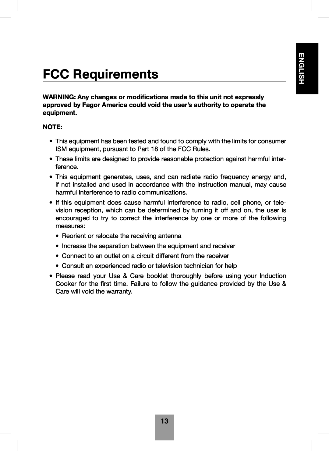 Fagor America Portable Induction Cooktop user manual FCC Requirements, English 