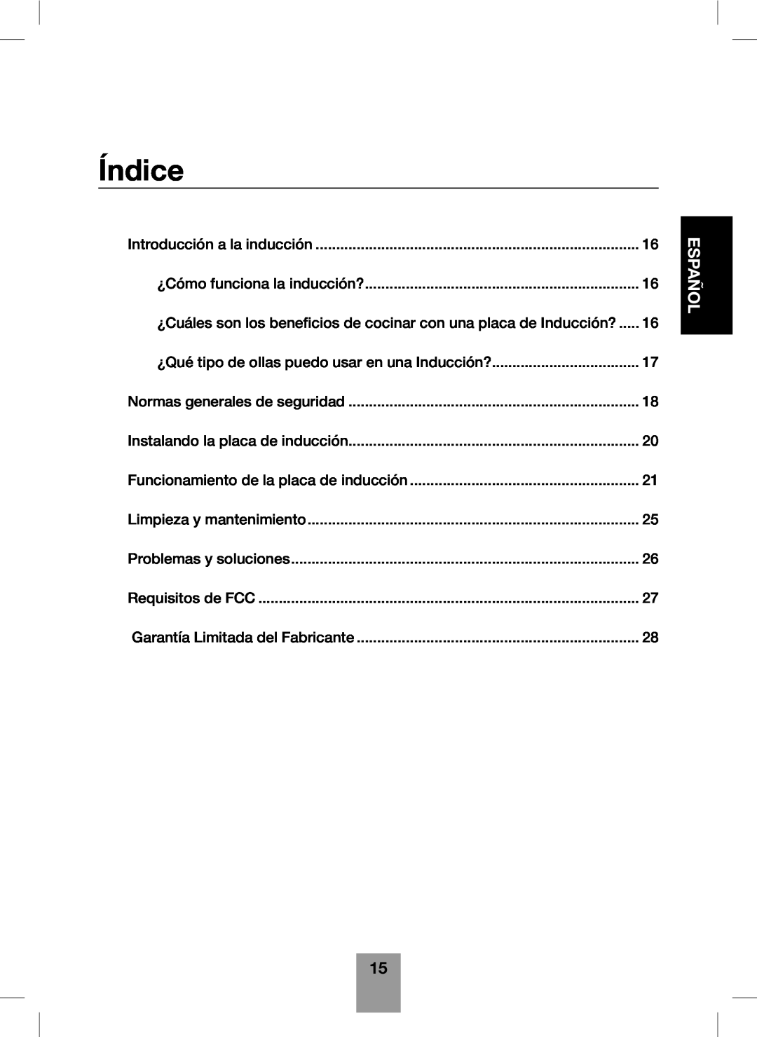 Fagor America Portable Induction Cooktop user manual Índice, Español 