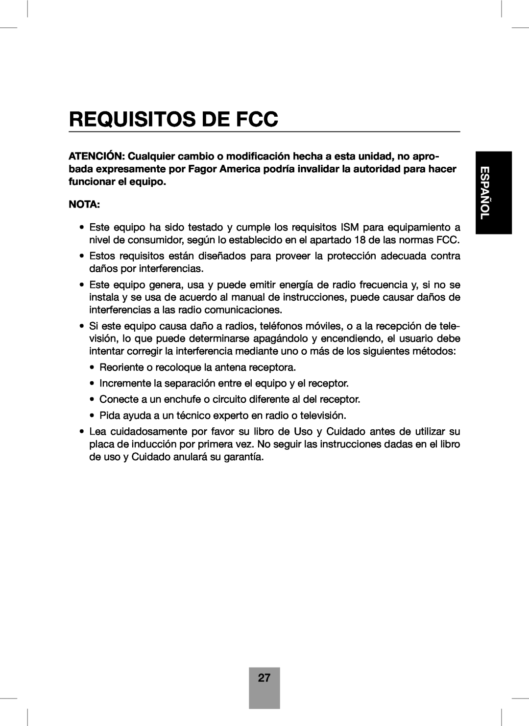 Fagor America Portable Induction Cooktop user manual Requisitos De Fcc, Español, Nota 