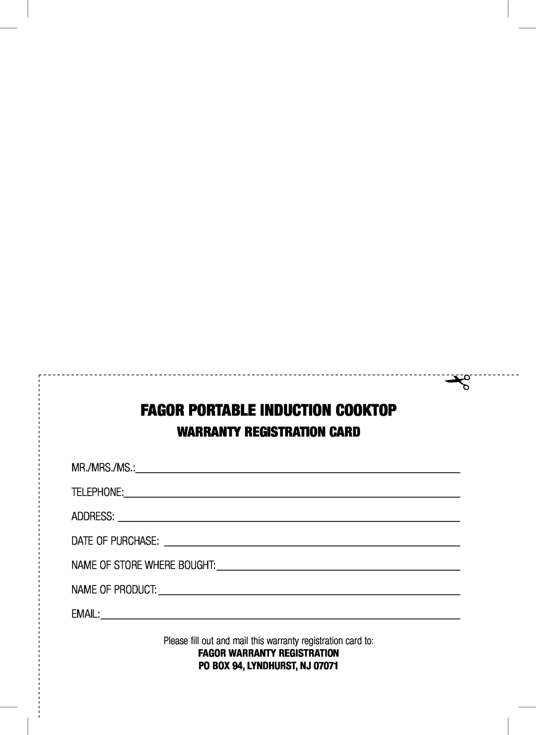 Fagor America user manual Fagor Portable Induction Cooktop, Warranty Registration Card 