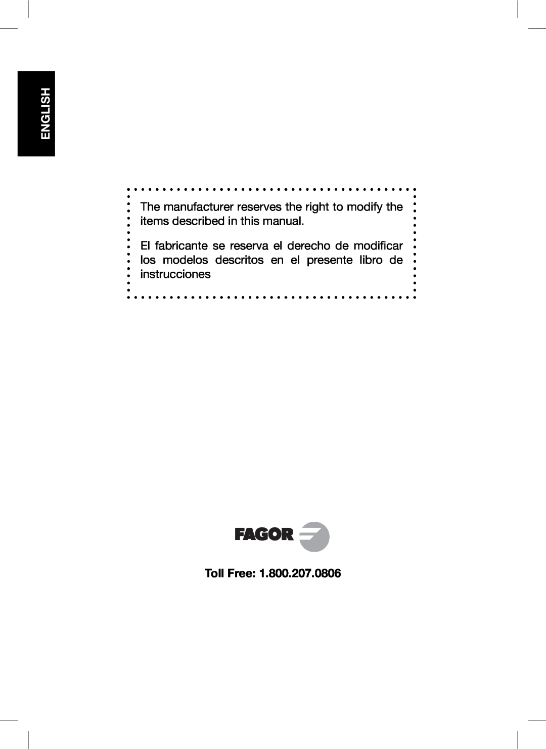 Fagor America Portable Induction Cooktop user manual Toll Free, English 