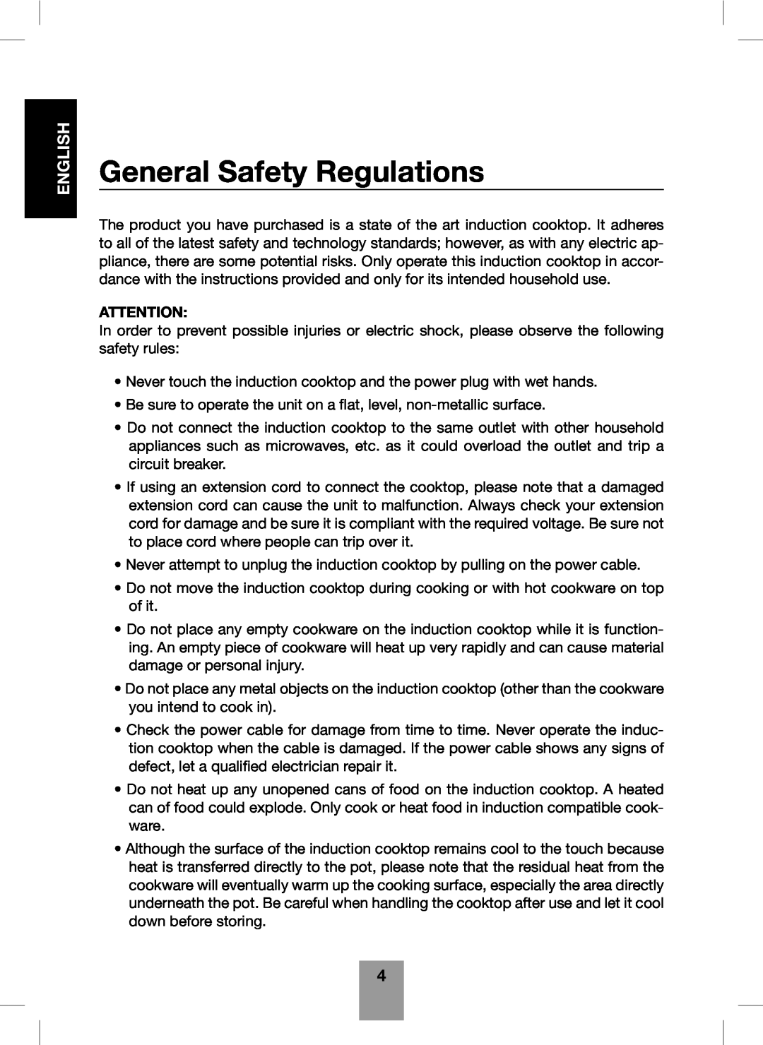 Fagor America Portable Induction Cooktop user manual General Safety Regulations, English 