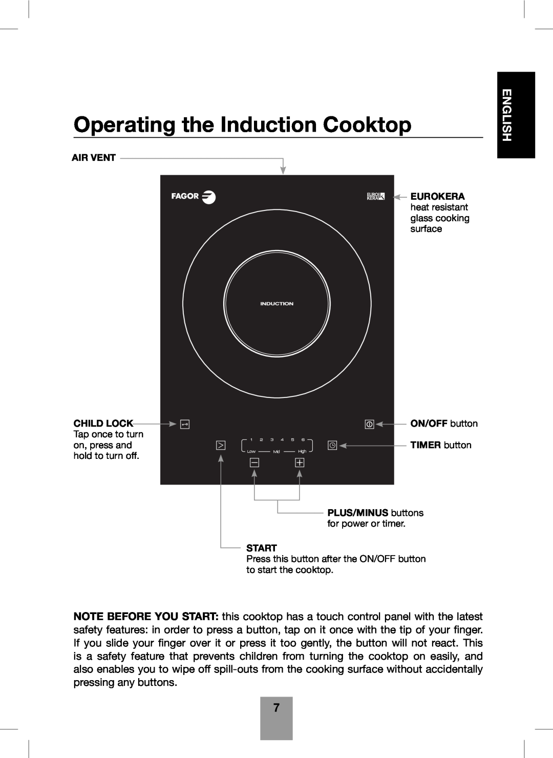 Fagor America Portable Induction Cooktop Operating the Induction Cooktop, English, Child Lock, ON/OFF button, TIMER button 