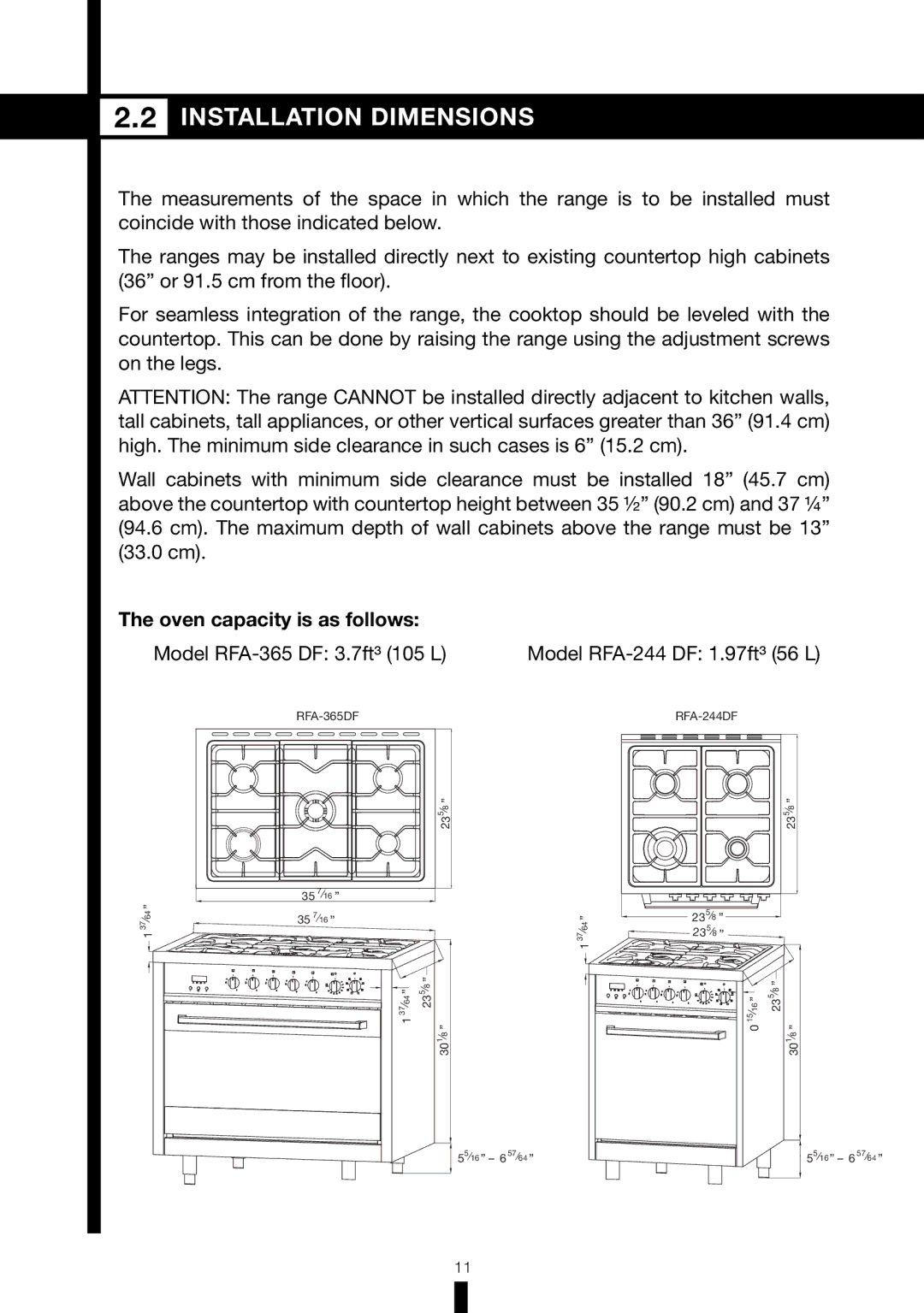 Fagor America RFA-244 DF, RFA-365 DF manual Installation Dimensions 