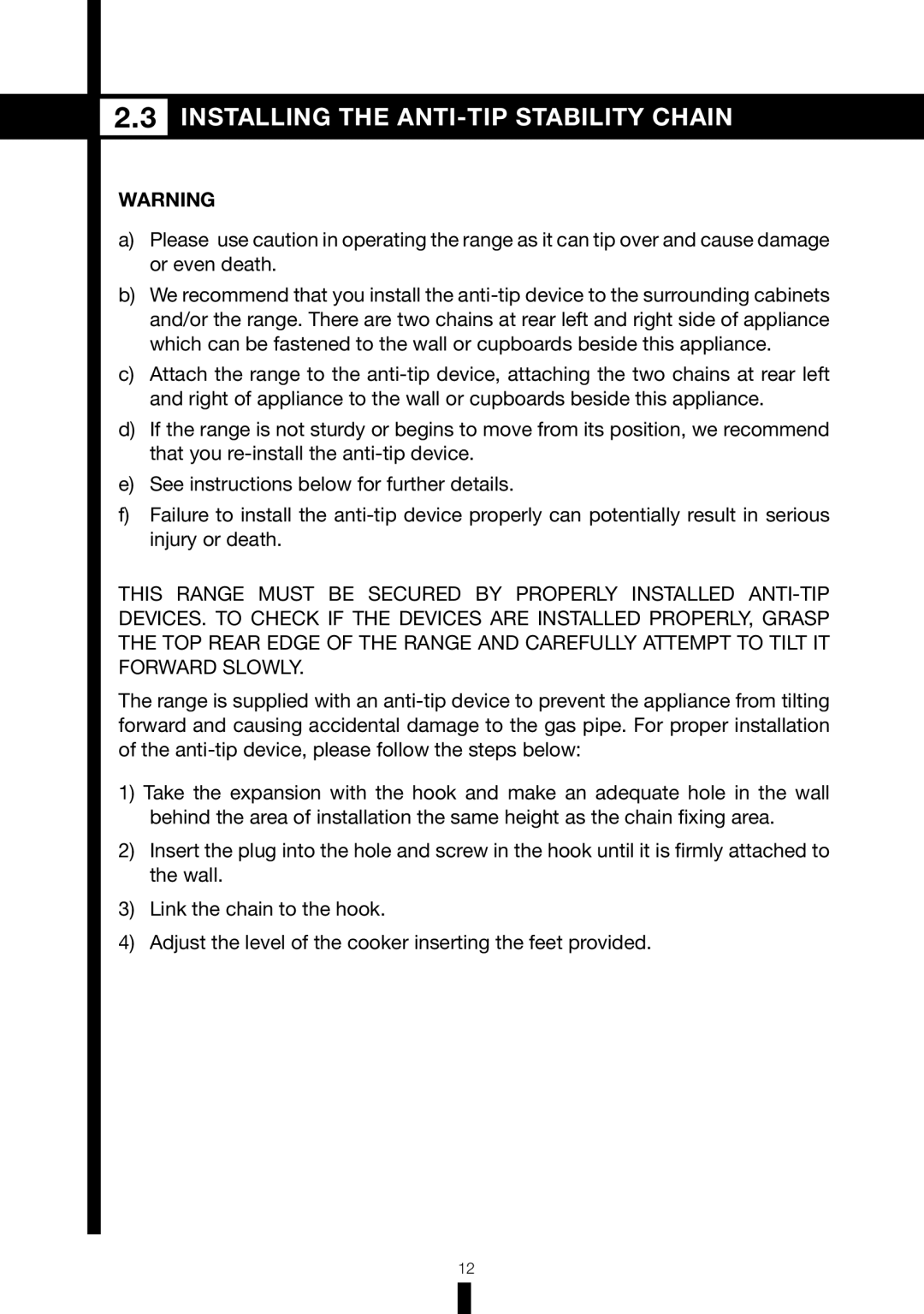 Fagor America RFA-365 DF, RFA-244 DF manual Installing the ANTI-TIP Stability Chain 