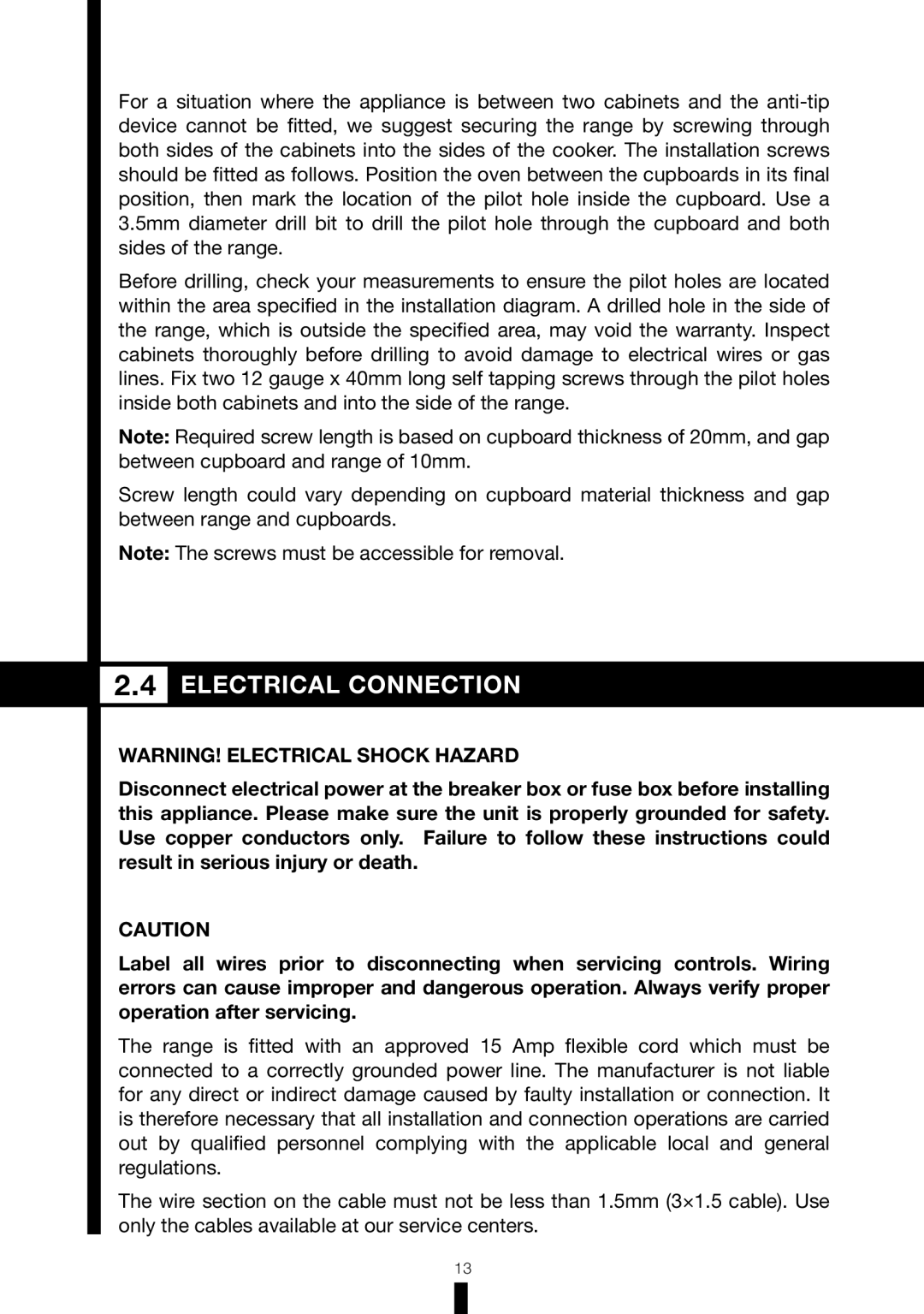 Fagor America RFA-244 DF, RFA-365 DF manual Electrical Connection 