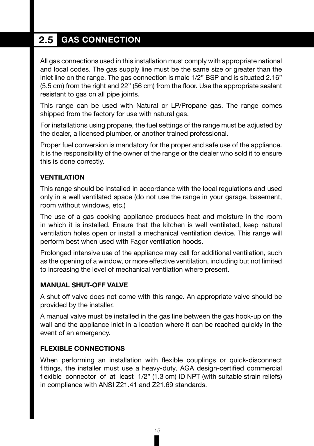 Fagor America RFA-244 DF, RFA-365 DF manual GAS Connection, Ventilation, Manual SHUT-OFF Valve, Flexible Connections 