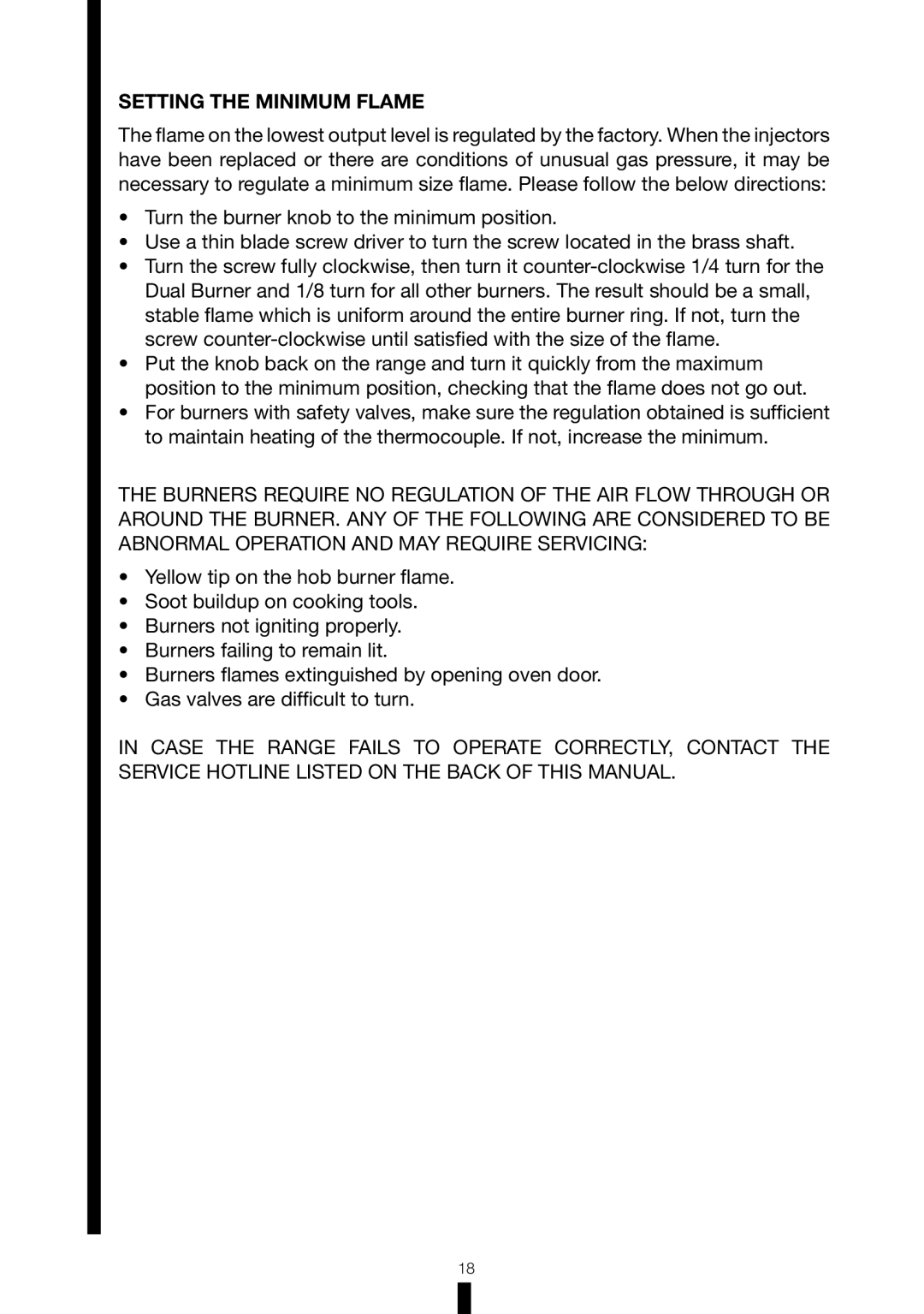 Fagor America RFA-365 DF, RFA-244 DF manual Setting the Minimum Flame 