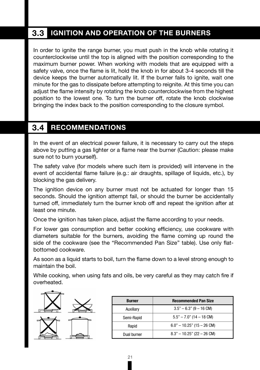 Fagor America RFA-244 DF, RFA-365 DF manual Ignition and Operation of the Burners, Recommendations 