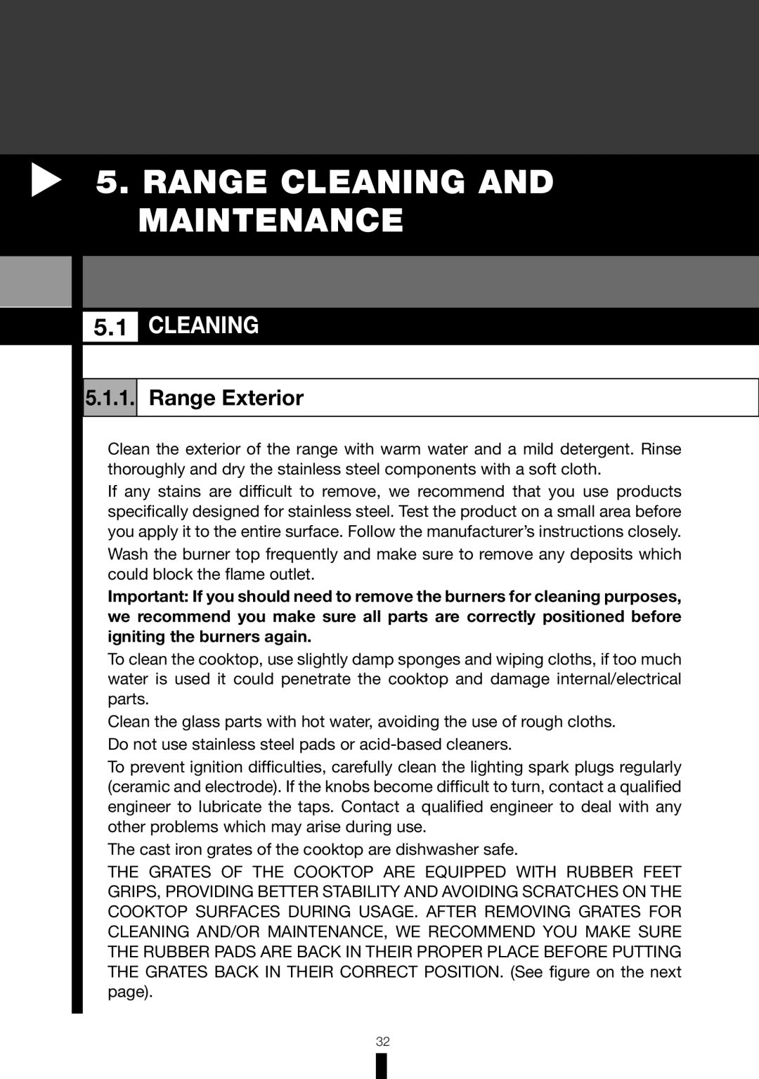 Fagor America RFA-365 DF, RFA-244 DF manual Range Cleaning and Maintenance, Range Exterior 