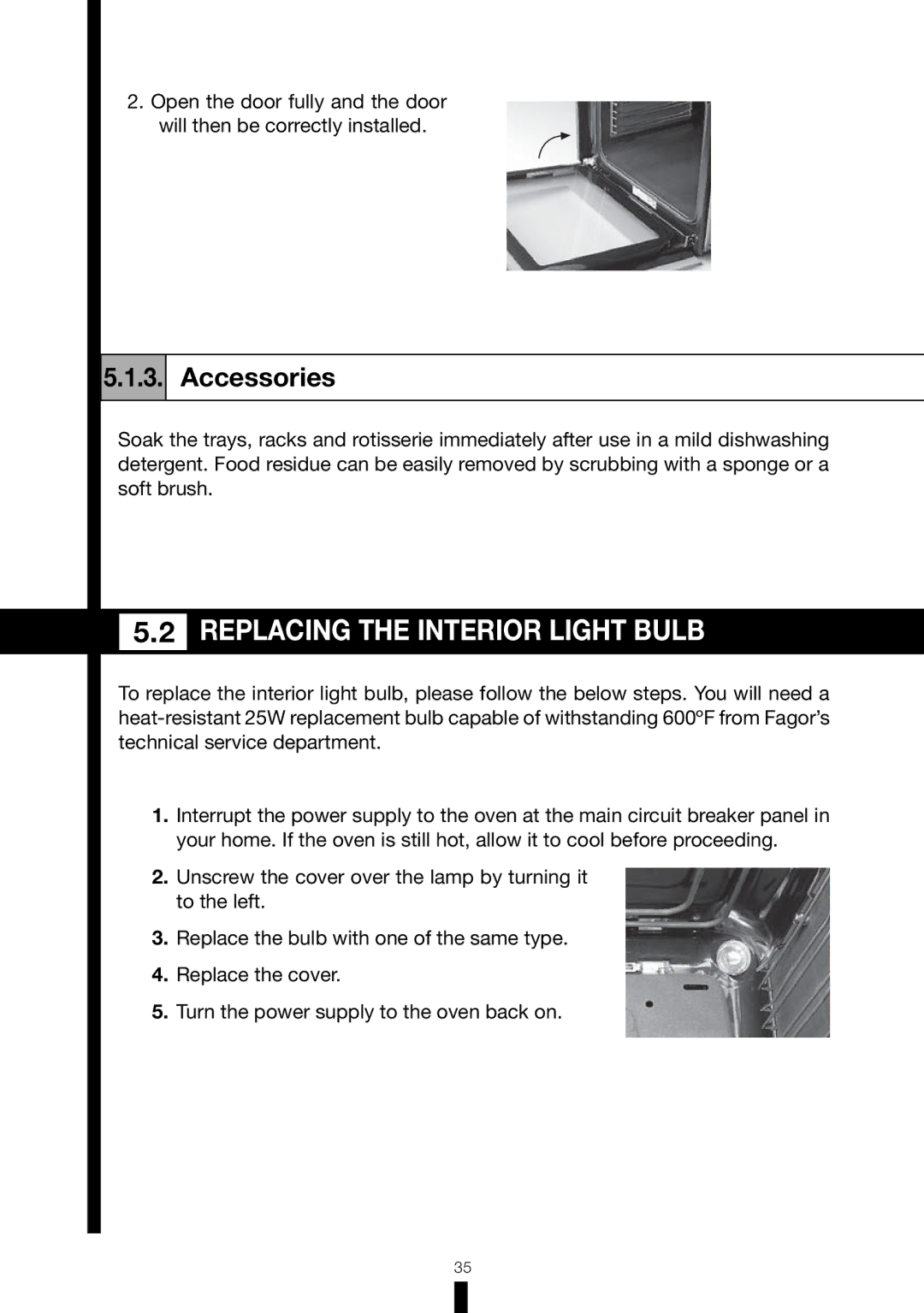 Fagor America RFA-244 DF, RFA-365 DF manual Replacing the Interior Light Bulb, Accessories 