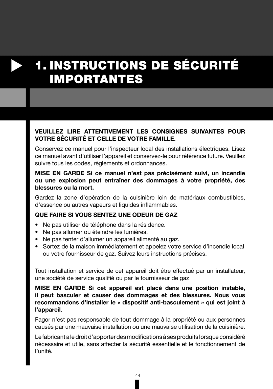 Fagor America RFA-365 DF, RFA-244 DF manual Instructions DE Sécurité Importantes, QUE Faire SI Vous Sentez UNE Odeur DE GAZ 