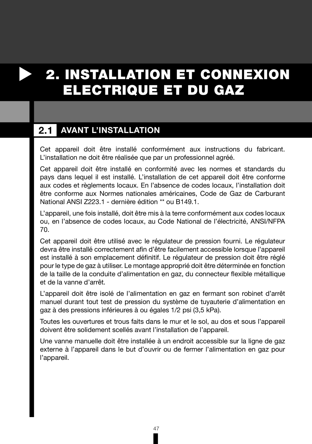 Fagor America RFA-244 DF, RFA-365 DF manual Installation ET Connexion Electrique ET DU GAZ, Avant L’INSTALLATION 