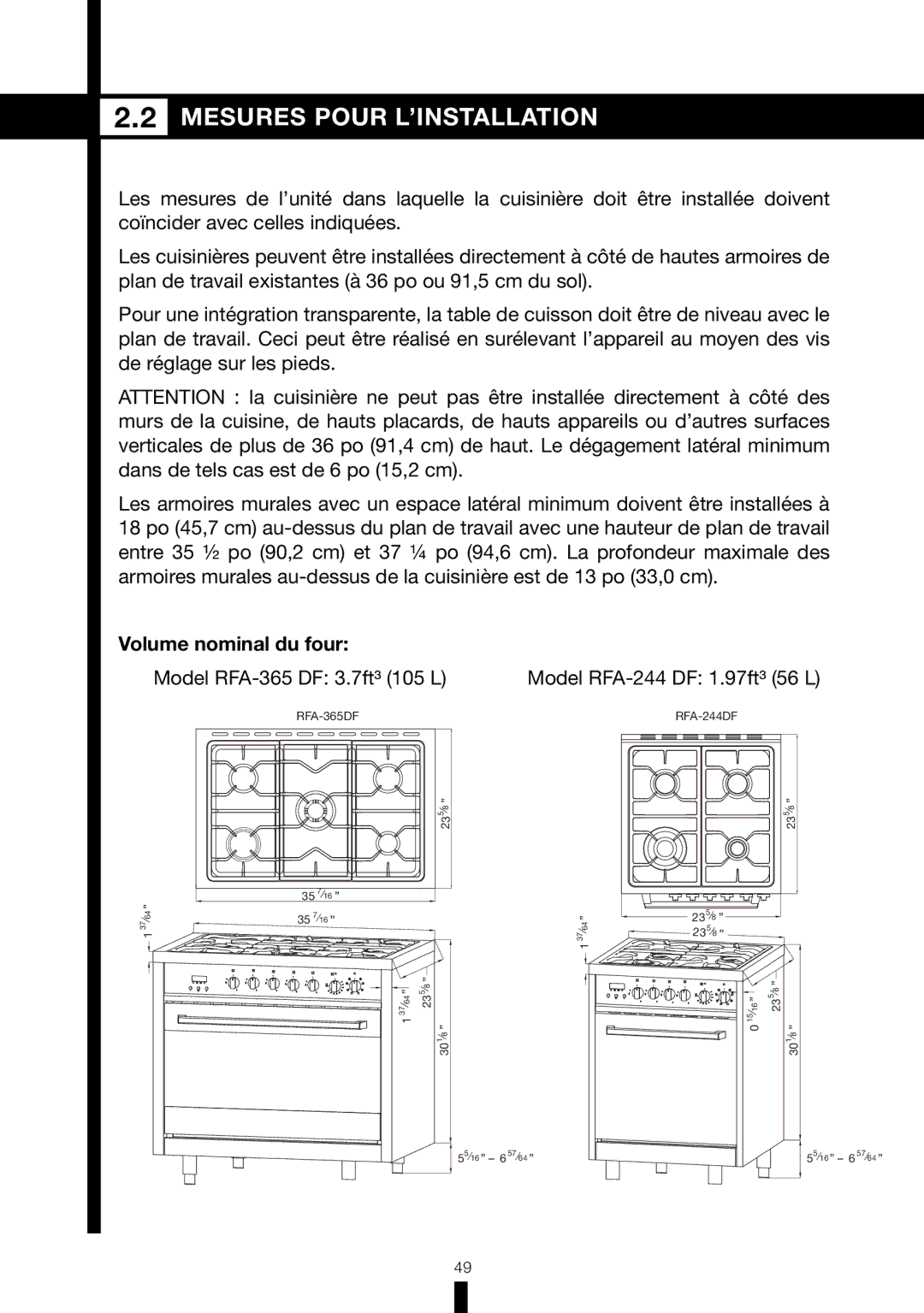 Fagor America RFA-244 DF, RFA-365 DF manual Mesures Pour L’INSTALLATION 