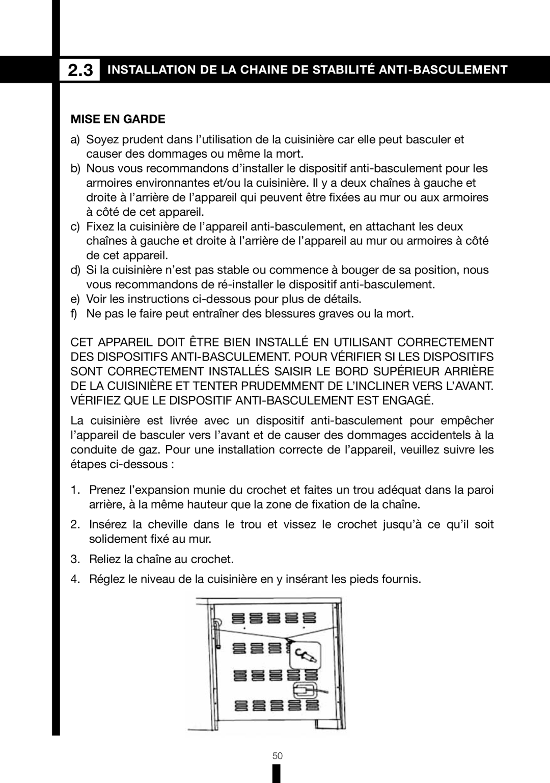 Fagor America RFA-365 DF, RFA-244 DF manual Installation DE LA Chaine DE Stabilité ANTI-BASCULEMENT, Mise EN Garde 