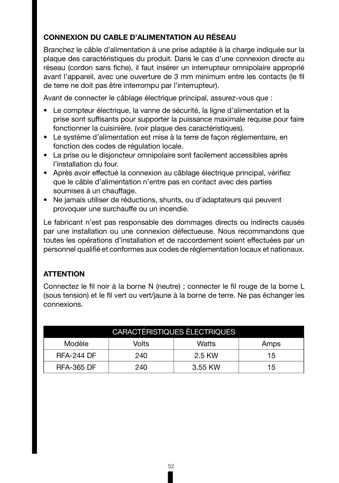 Fagor America RFA-365 DF, RFA-244 DF manual Connexion DU Cable D’ALIMENTATION AU Réseau 