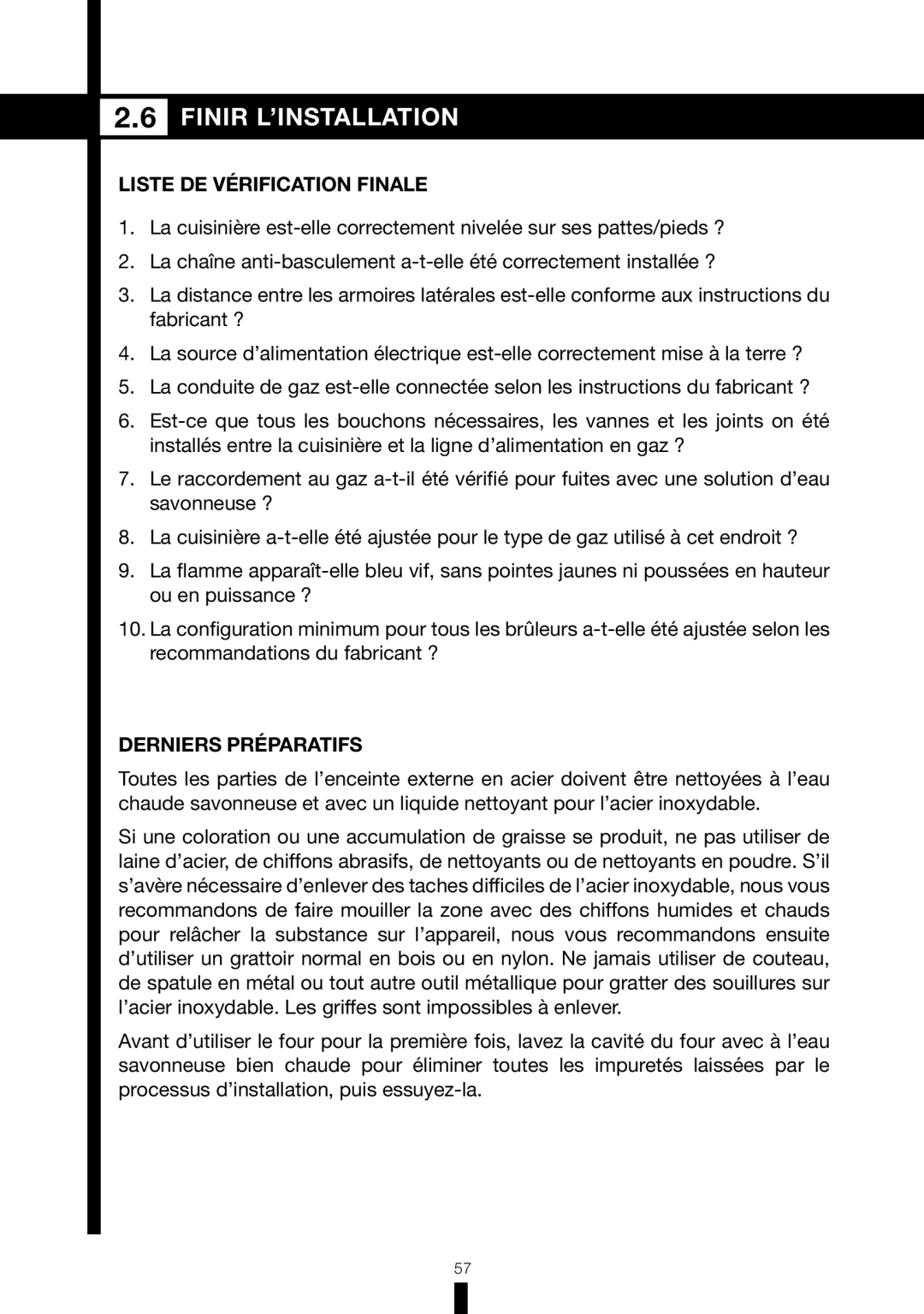 Fagor America RFA-244 DF, RFA-365 DF manual Finir L’INSTALLATION, Liste DE Vérification Finale, Derniers Préparatifs 