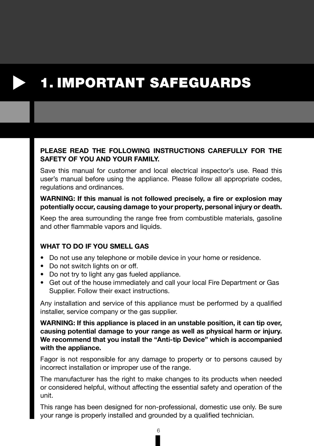 Fagor America RFA-365 DF, RFA-244 DF manual Important Safeguards, What to do if YOU Smell GAS 