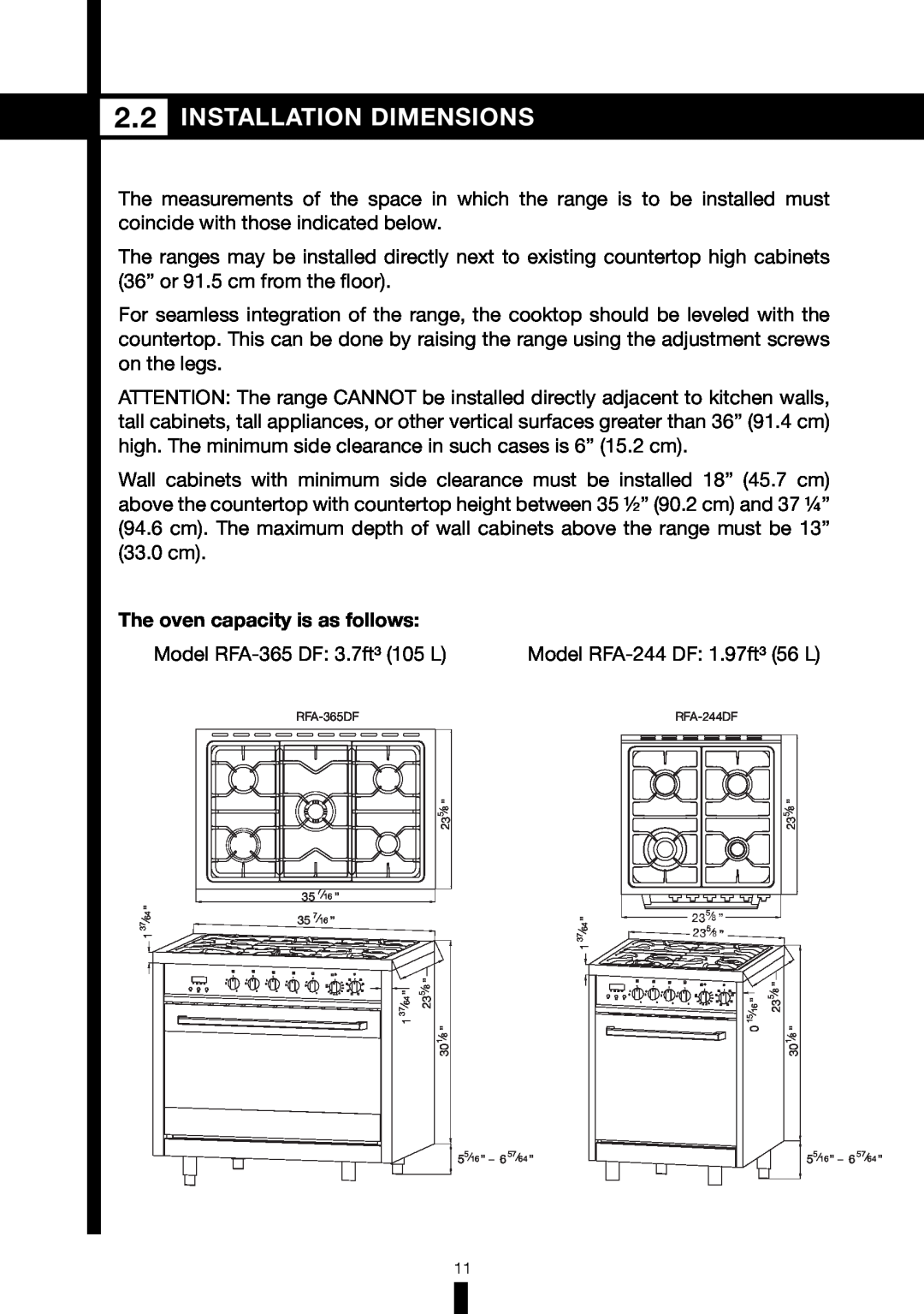 Fagor America RFA-244 DF, RFA-365 DF manual Installation Dimensions, The oven capacity is as follows 