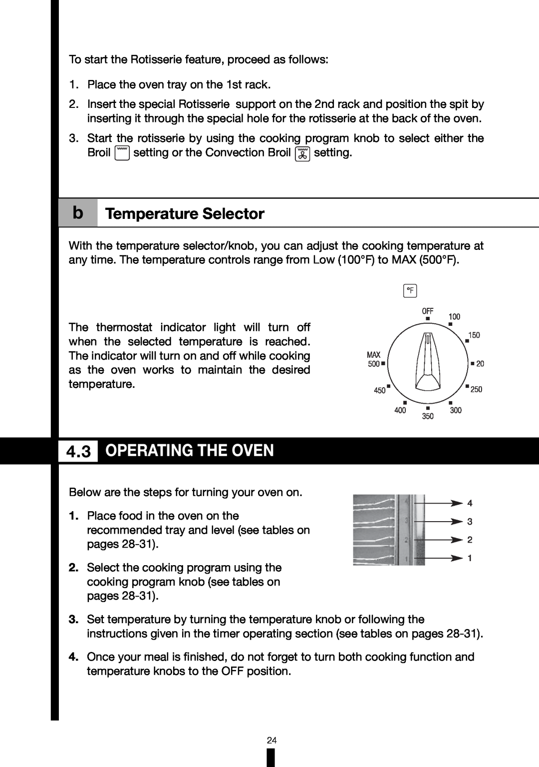 Fagor America RFA-365 DF, RFA-244 DF manual Operating The Oven, b Temperature Selector 
