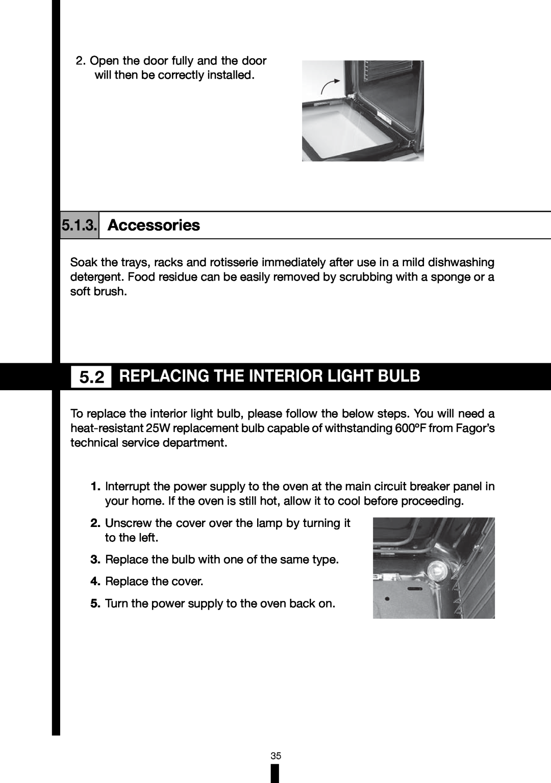 Fagor America RFA-244 DF, RFA-365 DF manual Replacing The Interior Light Bulb, Accessories 