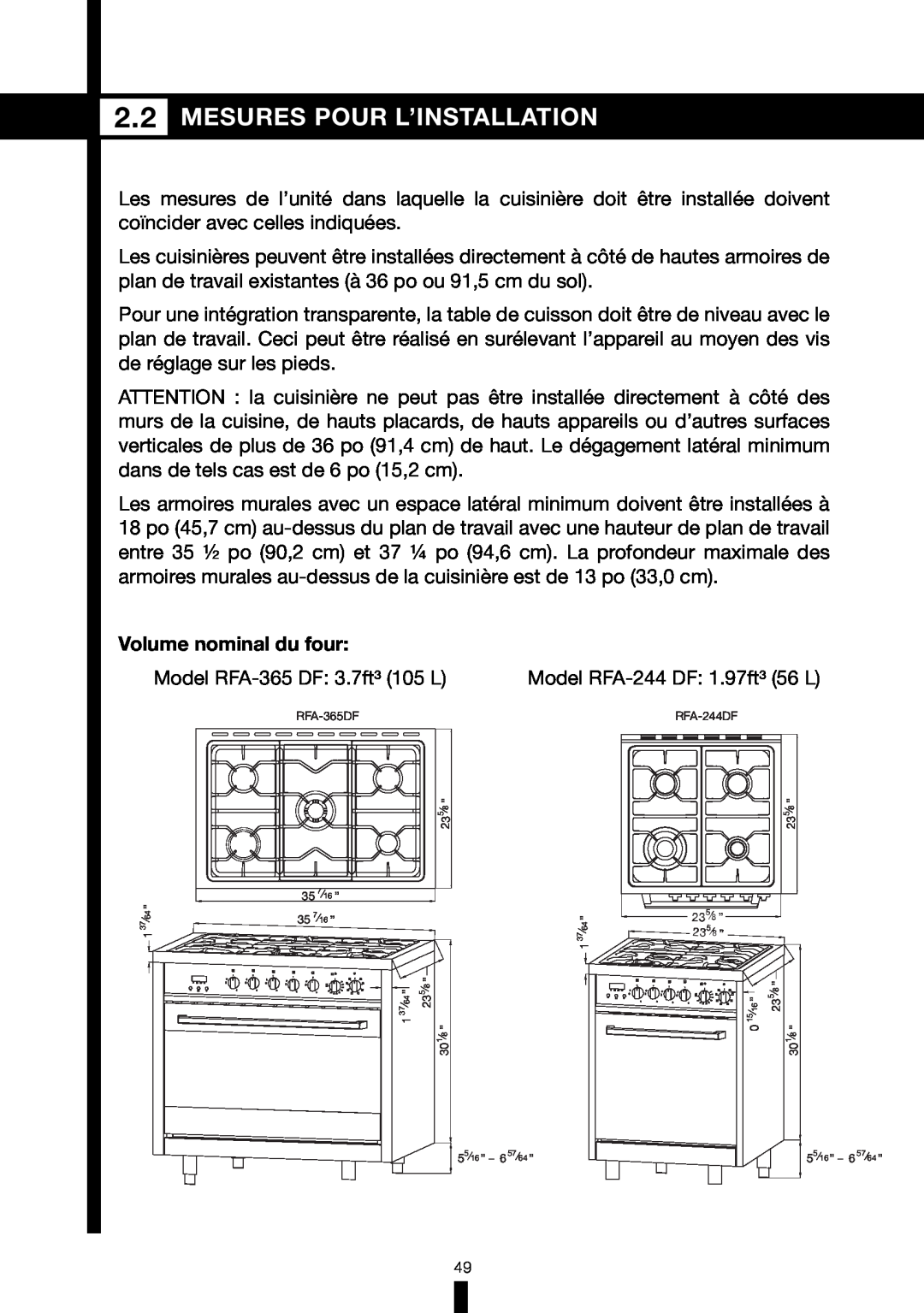 Fagor America RFA-244 DF, RFA-365 DF manual Mesures Pour L’Installation, Volume nominal du four 