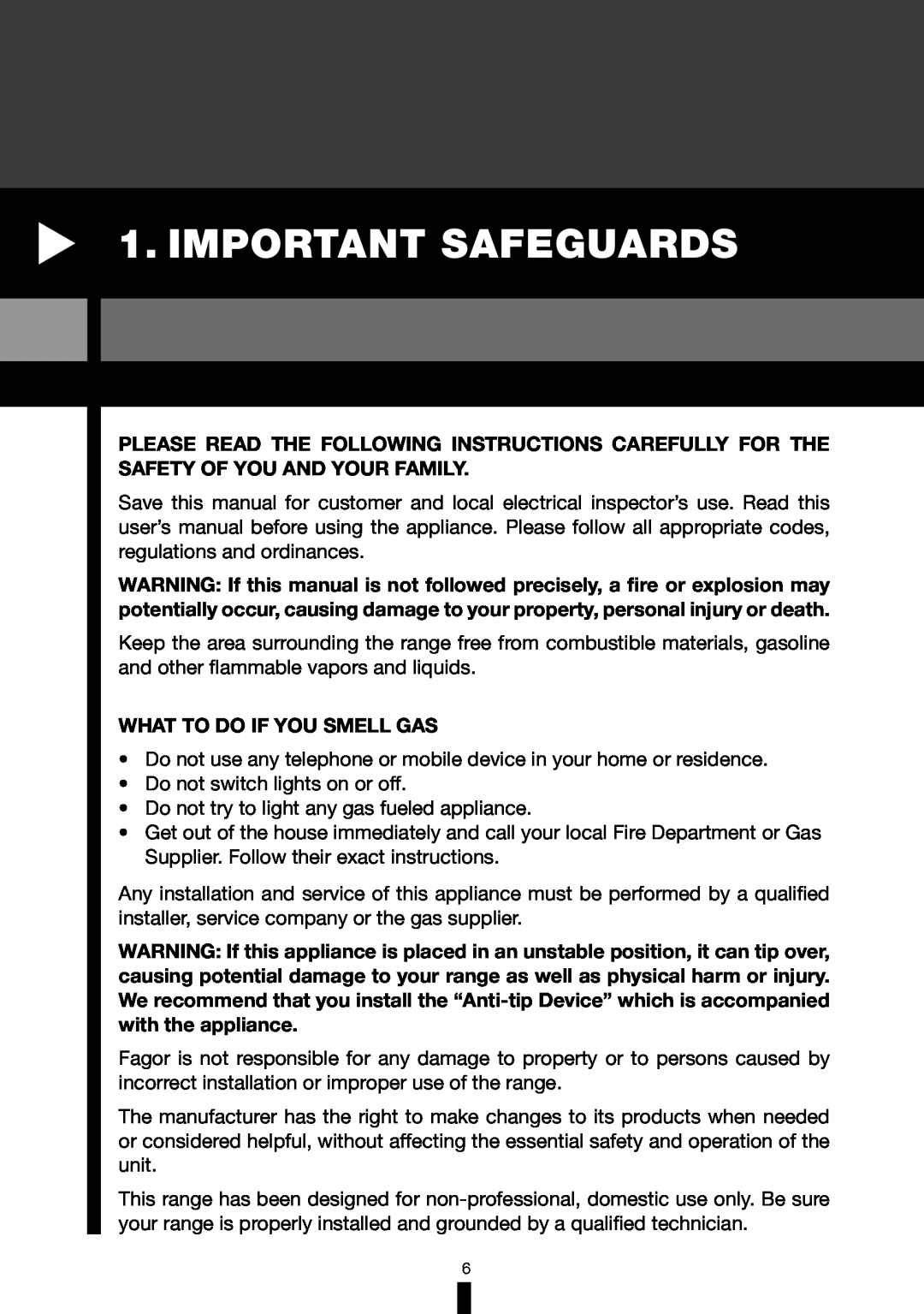 Fagor America RFA-365 DF, RFA-244 DF manual Important Safeguards, What To Do If You Smell Gas 
