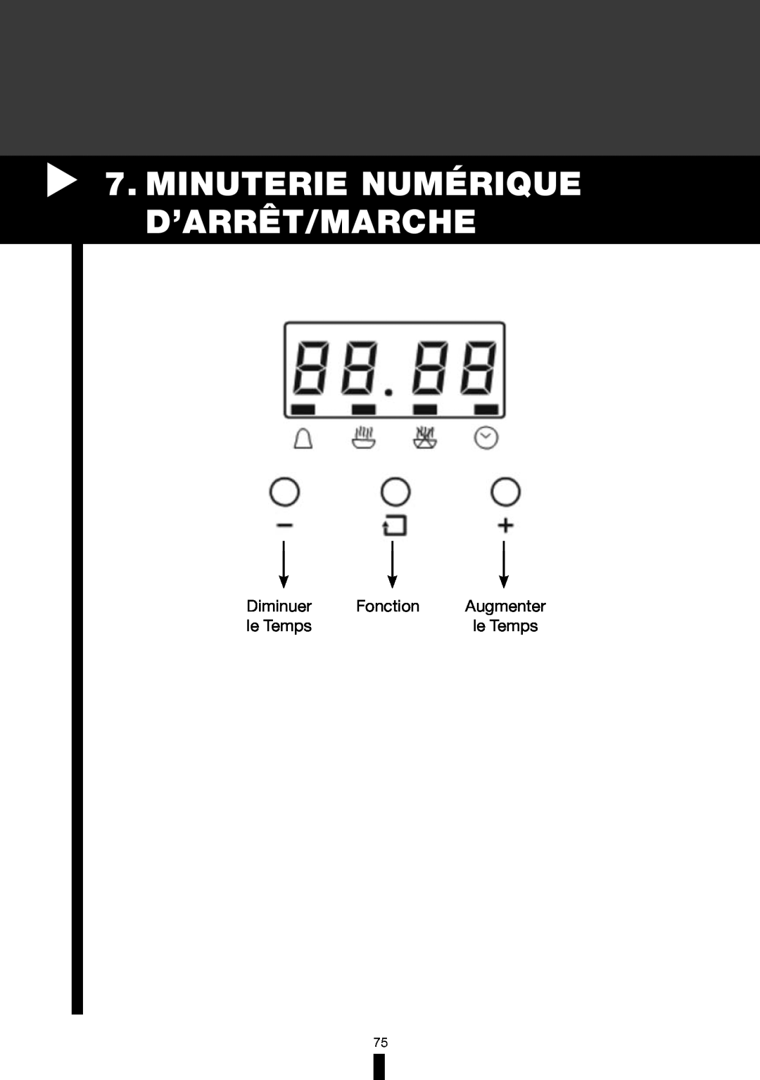 Fagor America RFA-244 DF, RFA-365 DF manual Minuterie Numérique D’Arrêt/Marche, Diminuer, Fonction, le Temps, Augmenter 