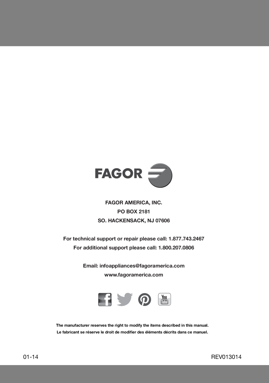 Fagor America RFA-365 DF, RFA-244 DF manual 01-14, REV013014, Fagor America, Inc Po Box So. Hackensack, Nj 