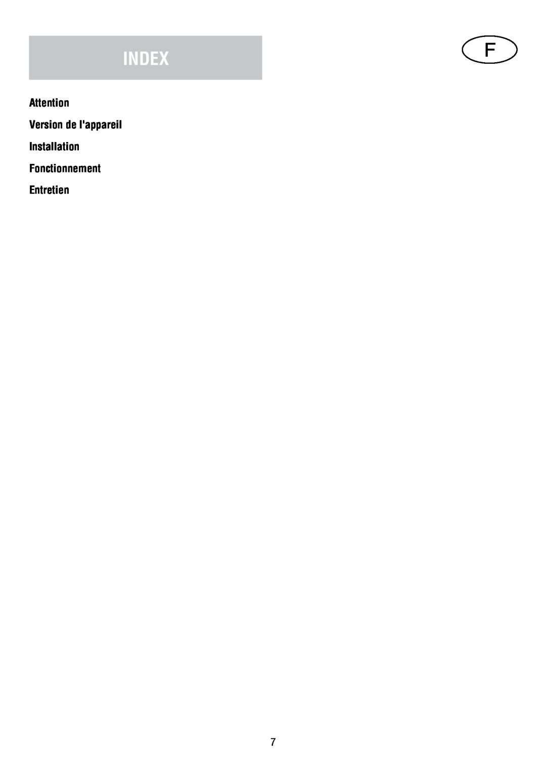 Fagor America SCFB-36 IX manual Index, Version de lappareil Installation Fonctionnement Entretien 