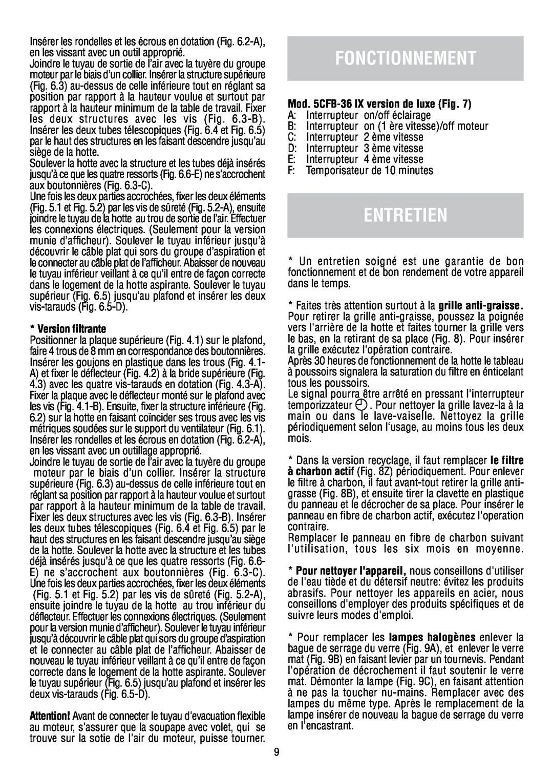 Fagor America SCFB-36 IX manual Fonctionnement, Entretien, Version filtrante, Mod. 5CFB-36 IX version de luxe Fig 