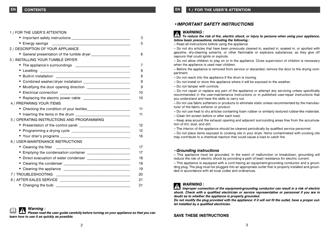 Fagor America SFA-8CELX operating instructions Important Safety Instructions, EN Contents, EN 1 / for the USER’S Attention 