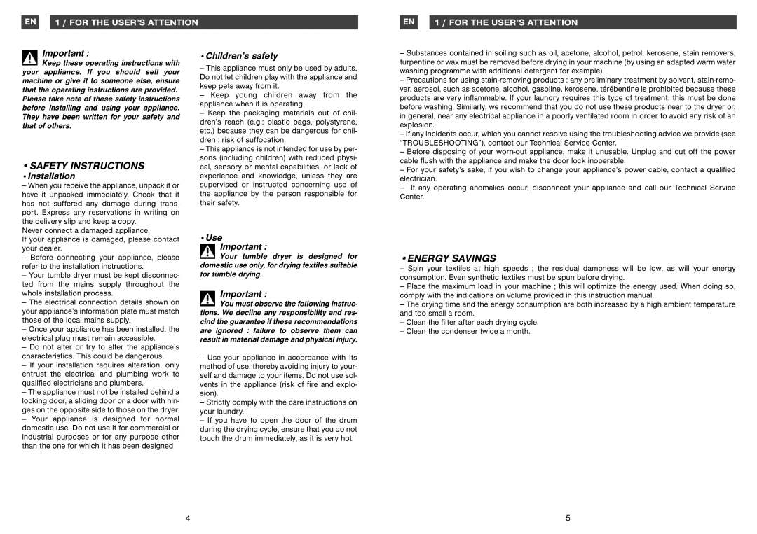 Fagor America SFA-8CELX Safety Instructions, Energy Savings, Installation, Children’s safety, Use Important 