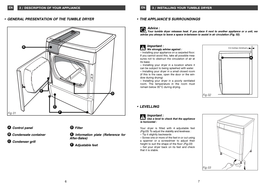 Fagor America SFA-8CELX General Presentation of the Tumble Dryer, APPLIANCE’S Surroundings, Levelling, Advice 