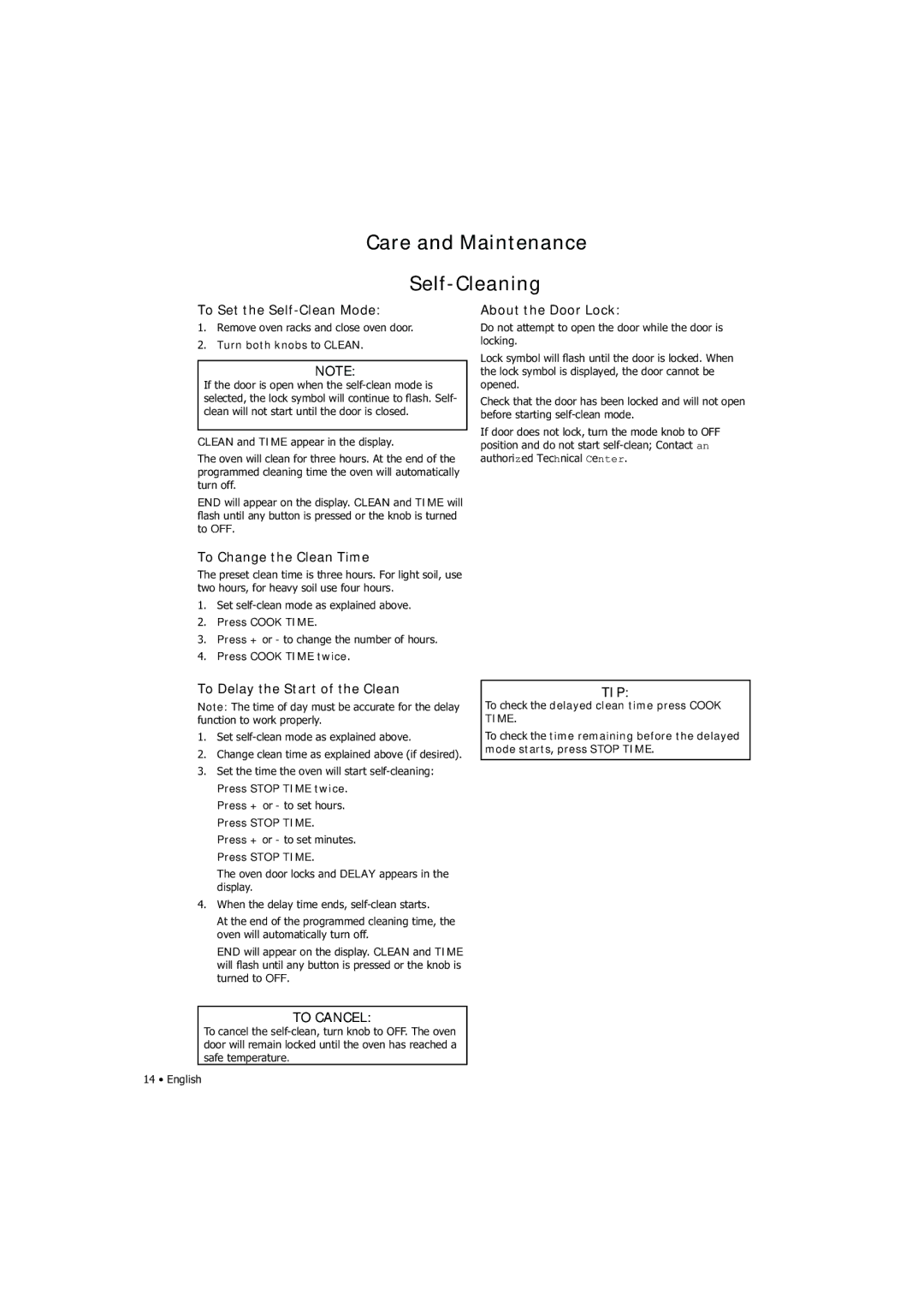 Fagor America SHA-730 X manual To Set the Self-Clean Mode, To Change the Clean Time, About the Door Lock, To Cancel 