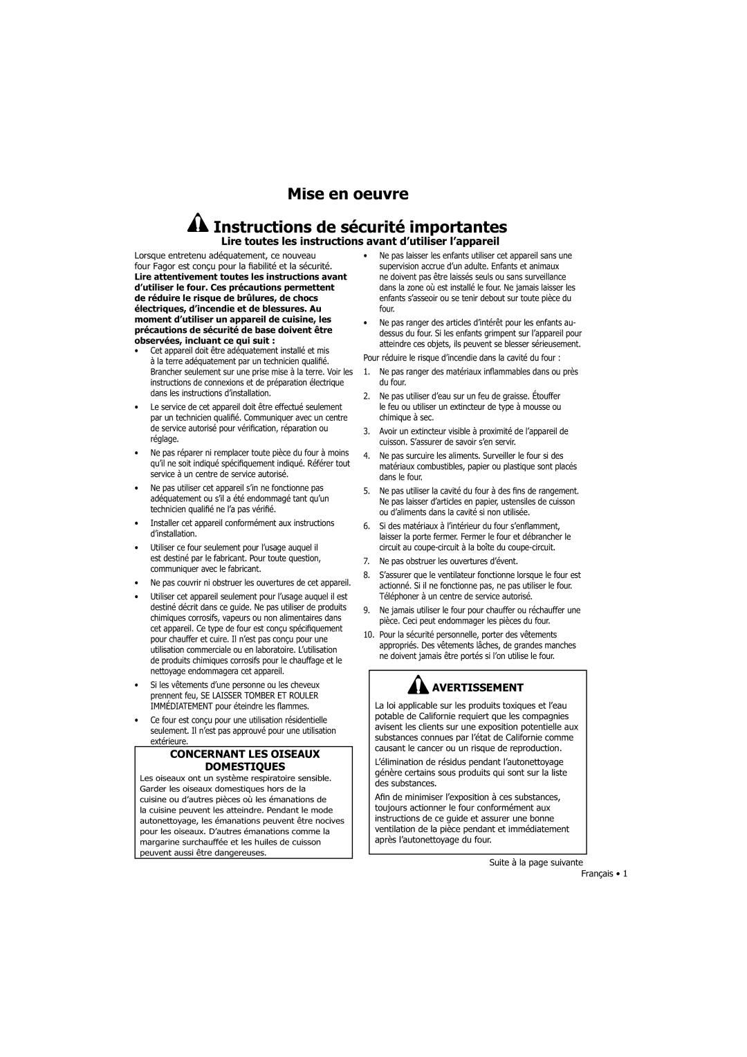 Fagor America SHA-730 X manual Mise en oeuvre Instructions de sécurité importantes, Concernant LES Oiseaux Domestiques 