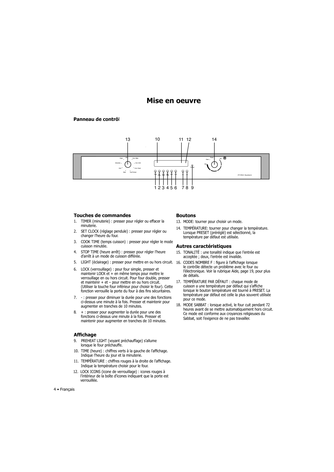 Fagor America SHA-730 X manual Panneau de contrôl, Touches de commandes, Boutons, Autres caractéristiques, Afﬁchage 