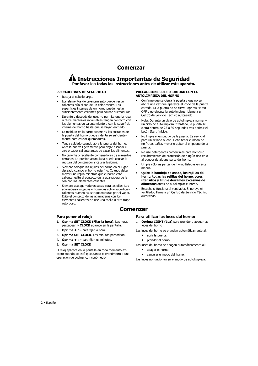 Fagor America SHA-730 X manual Comenzar, Para poner el reloj, Para utilizar las luces del horno, Precauciones DE Seguridad 