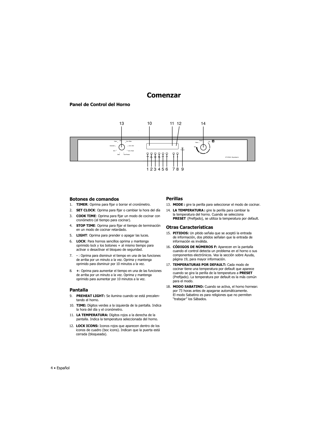 Fagor America SHA-730 X manual Panel de Control del Horno, Botones de comandos, Pantalla, Perillas, Otras Características 