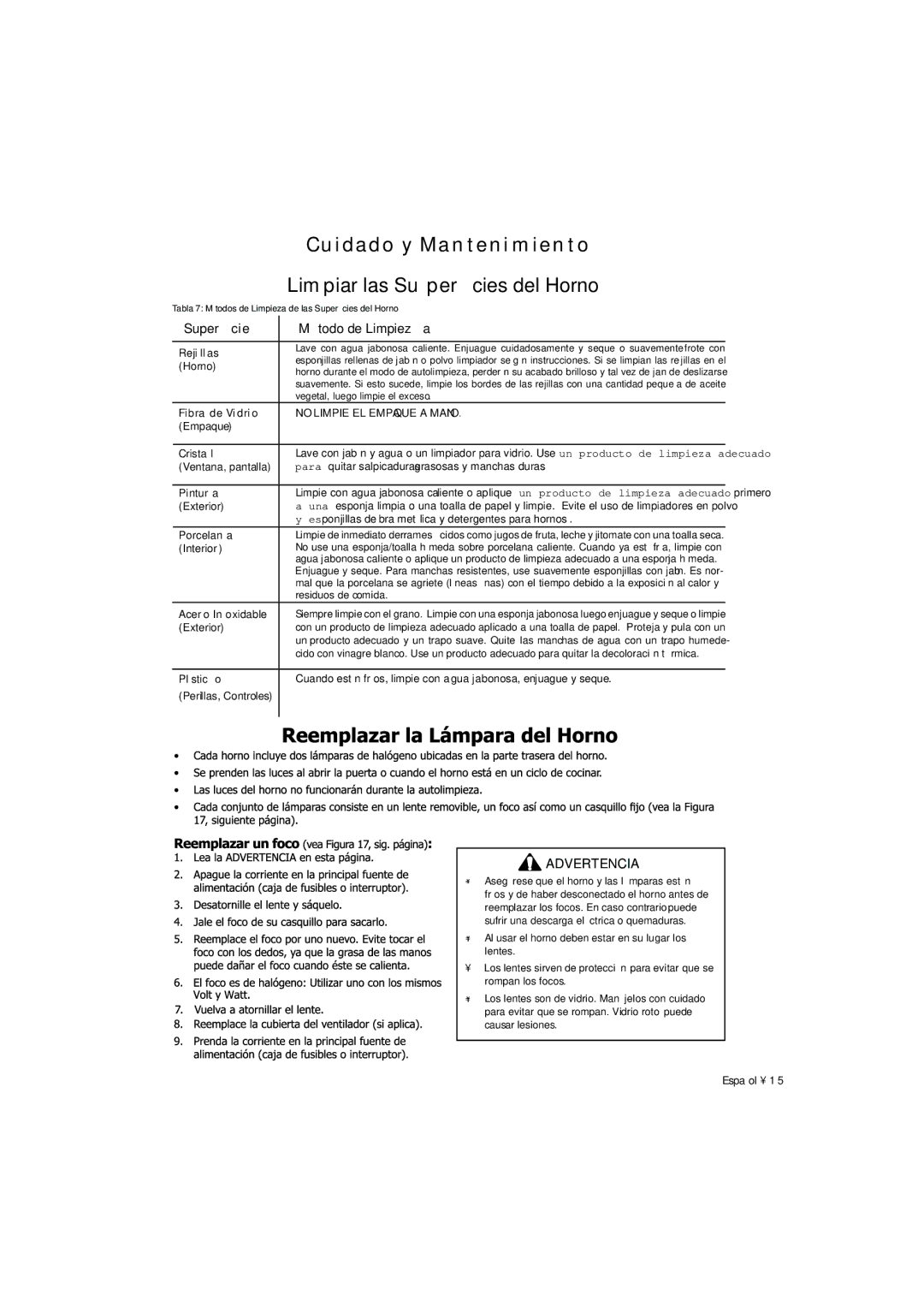 Fagor America SHA-730 X manual Cuidado y Mantenimiento Limpiar las Superﬁcies del Horno, Método de Limpieza 