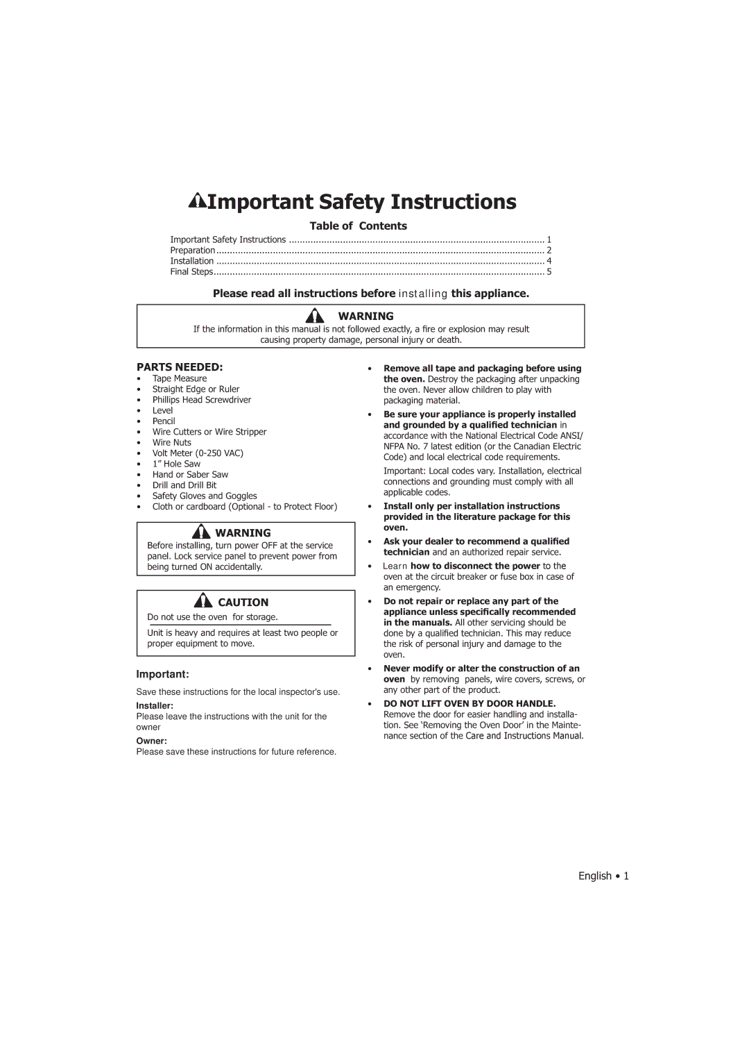 Fagor America SHA-730 X manual Important Safety Instructions, Table of Contents, Parts Needed 