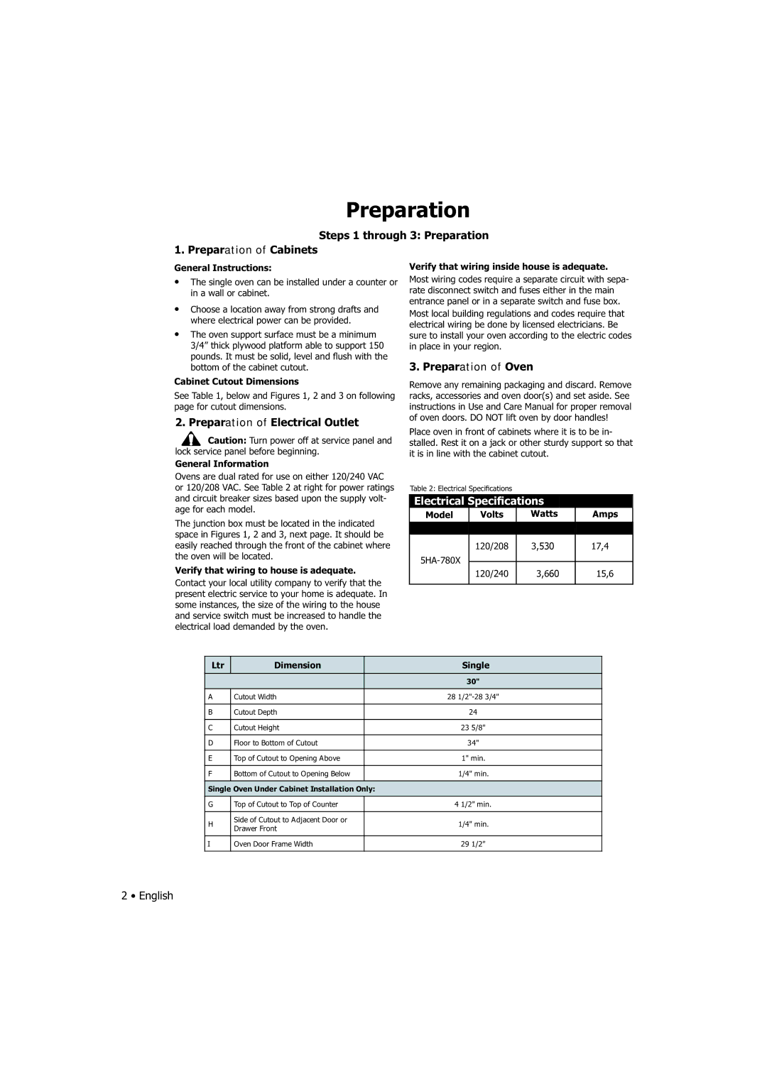 Fagor America SHA-730 X manual Steps 1 through 3 Preparation Preparation of Cabinets, Preparation of Electrical Outlet 