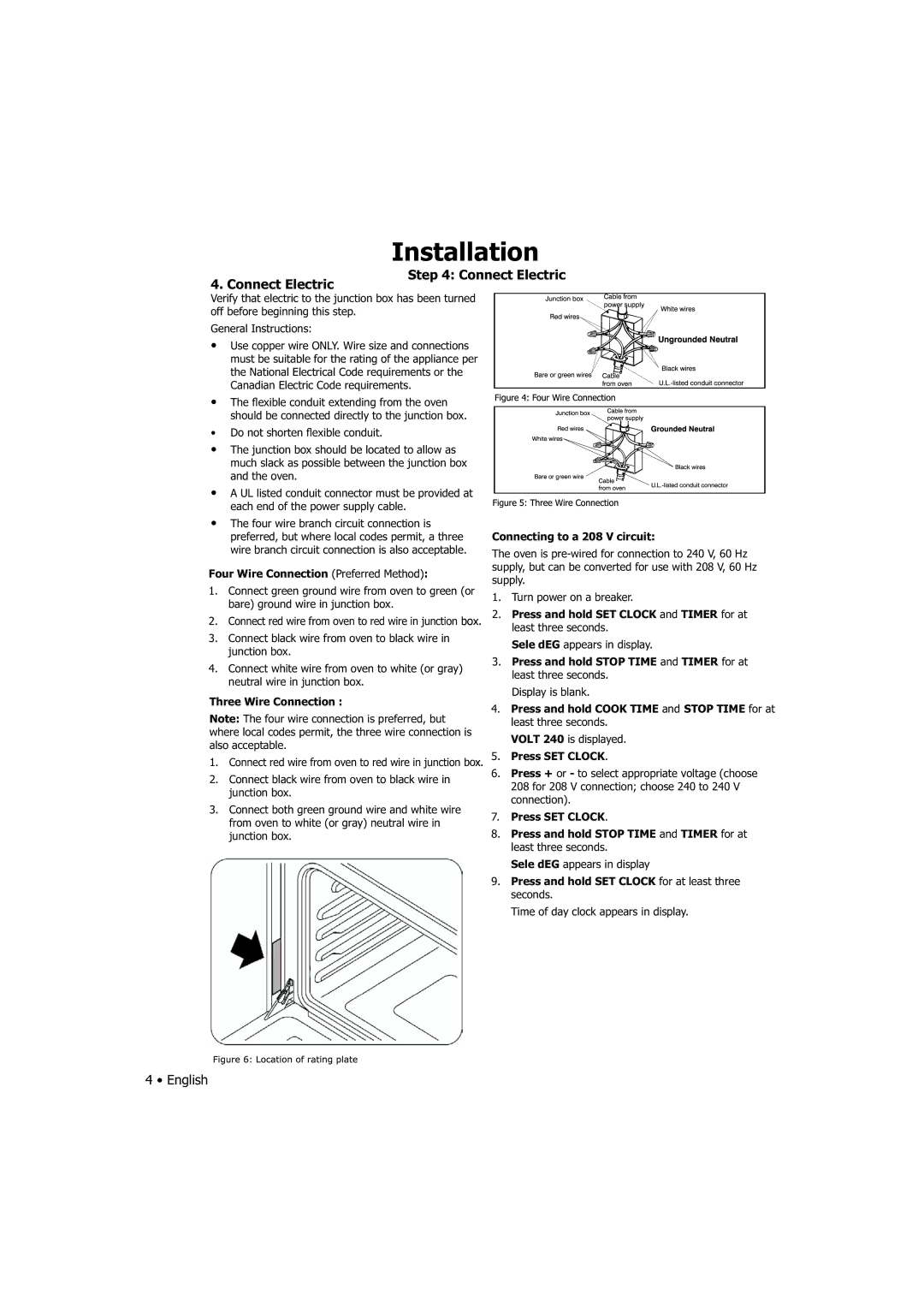 Fagor America SHA-730 X manual Connect Electric, Four Wire Connection Preferred Method, Three Wire Connection 