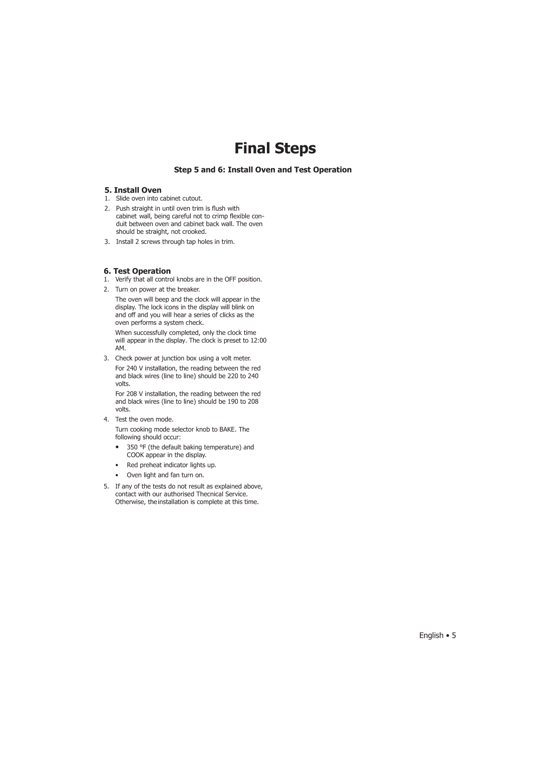 Fagor America SHA-730 X manual Final Steps, Install Oven and Test Operation 