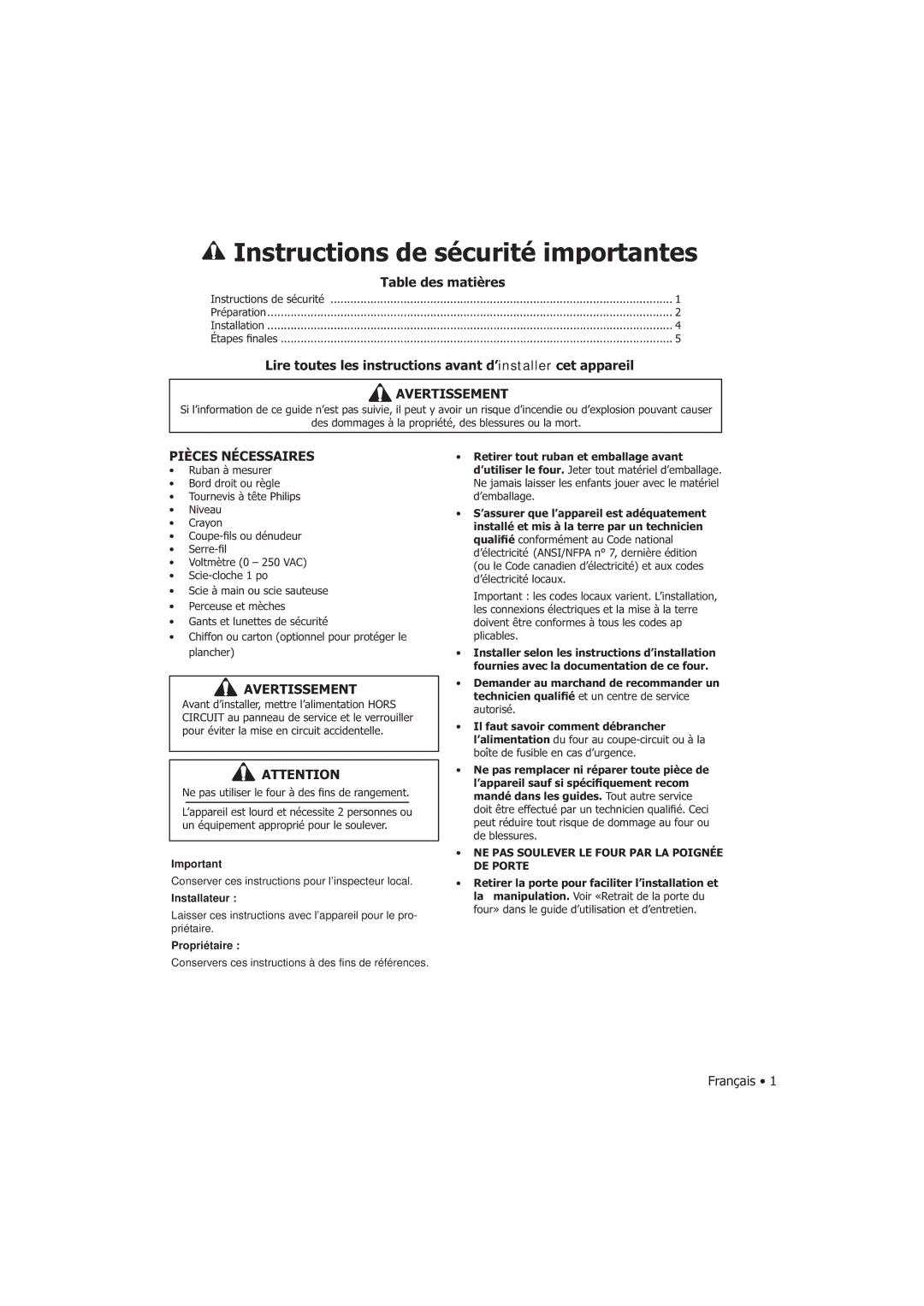 Fagor America SHA-730 X Instructions de sécurité importantes, Lire toutes les instructions avant d’installer cet appareil 