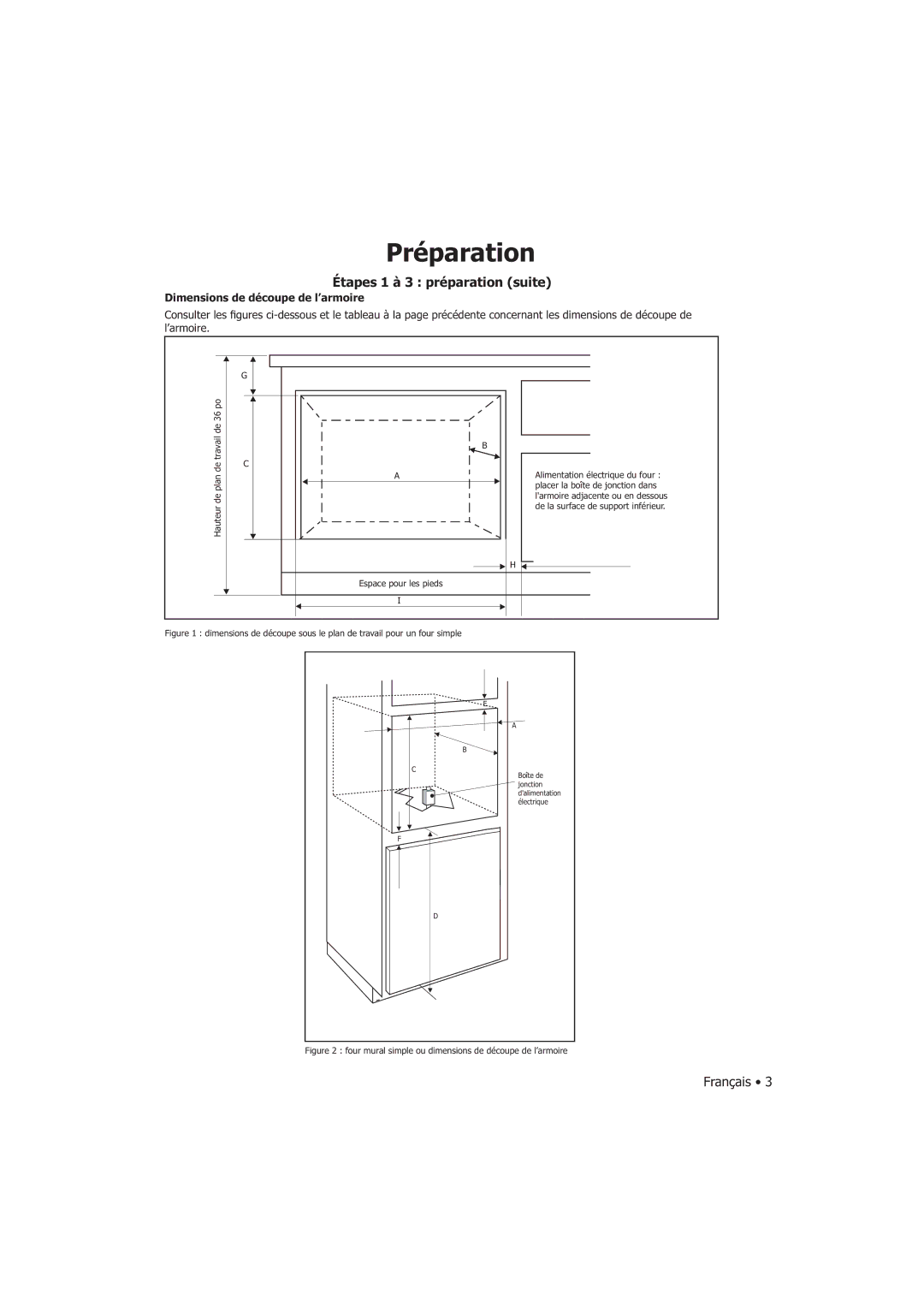 Fagor America SHA-730 X manual Étapes 1 à 3 préparation suite, Dimensions de découpe de l’armoire 