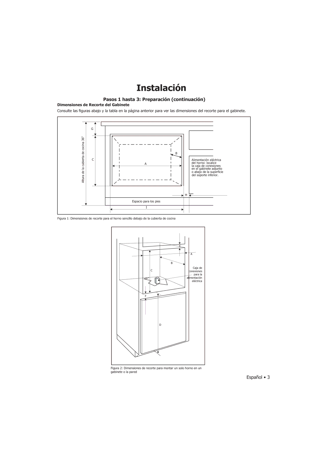 Fagor America SHA-730 X manual Instalación, Pasos 1 hasta 3 Preparación continuación, Dimensiones de Recorte del Gabinete 