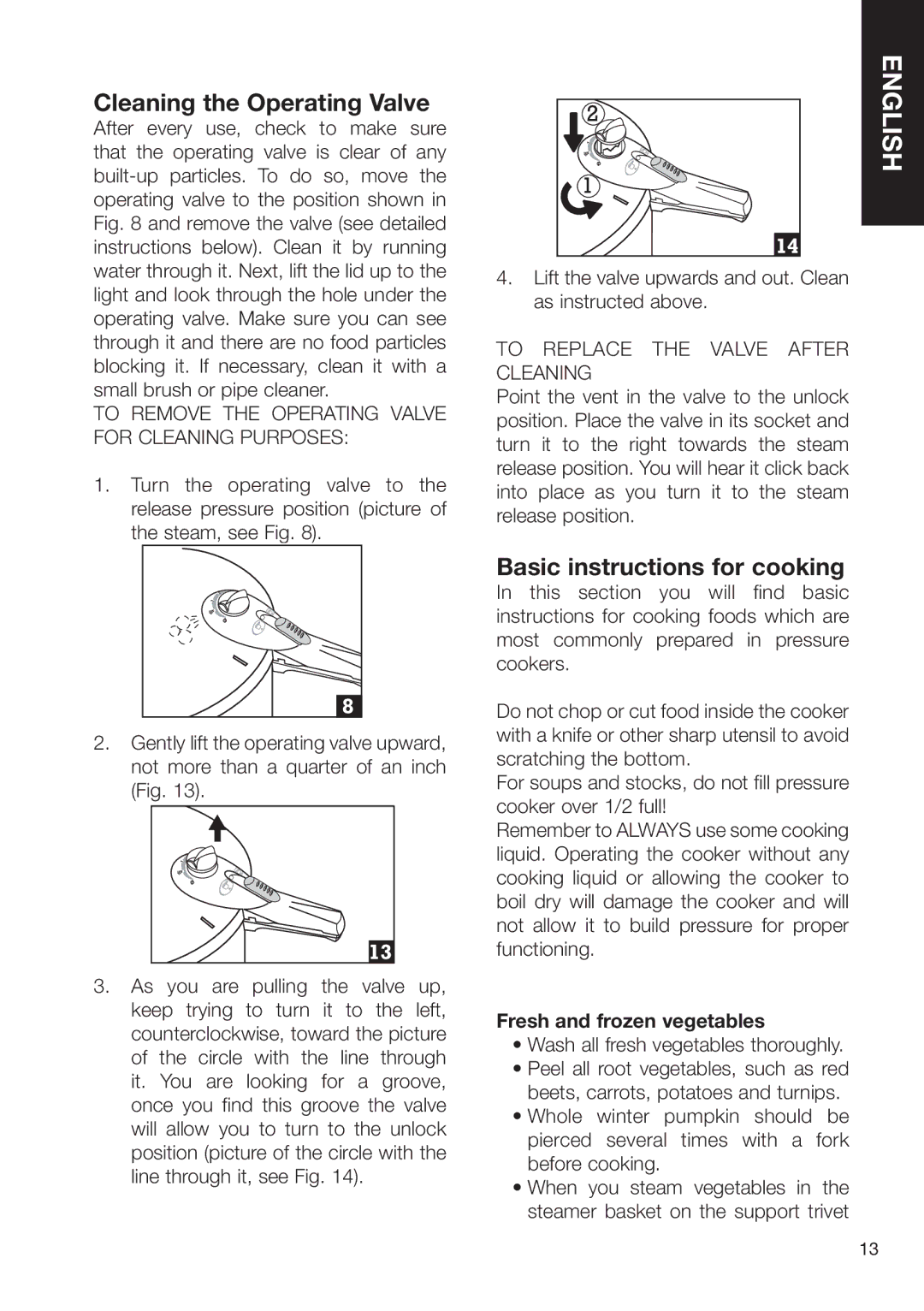 Fagor America SZ2L00002 brochure Cleaning the Operating Valve, Basic instructions for cooking, Fresh and frozen vegetables 